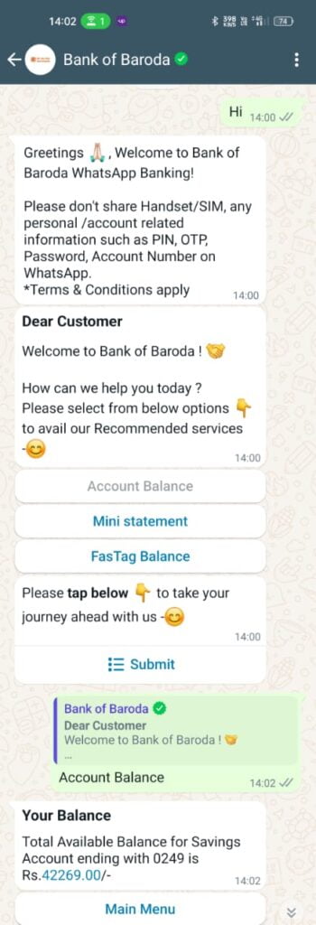 Bank of Baroda WhatsApp Number Balance Check